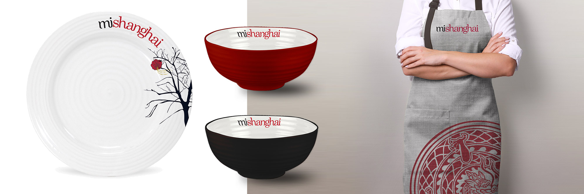 Logo design applied to restaurant and takeaway plates bowls and uniform design with branding and logo applied to apron