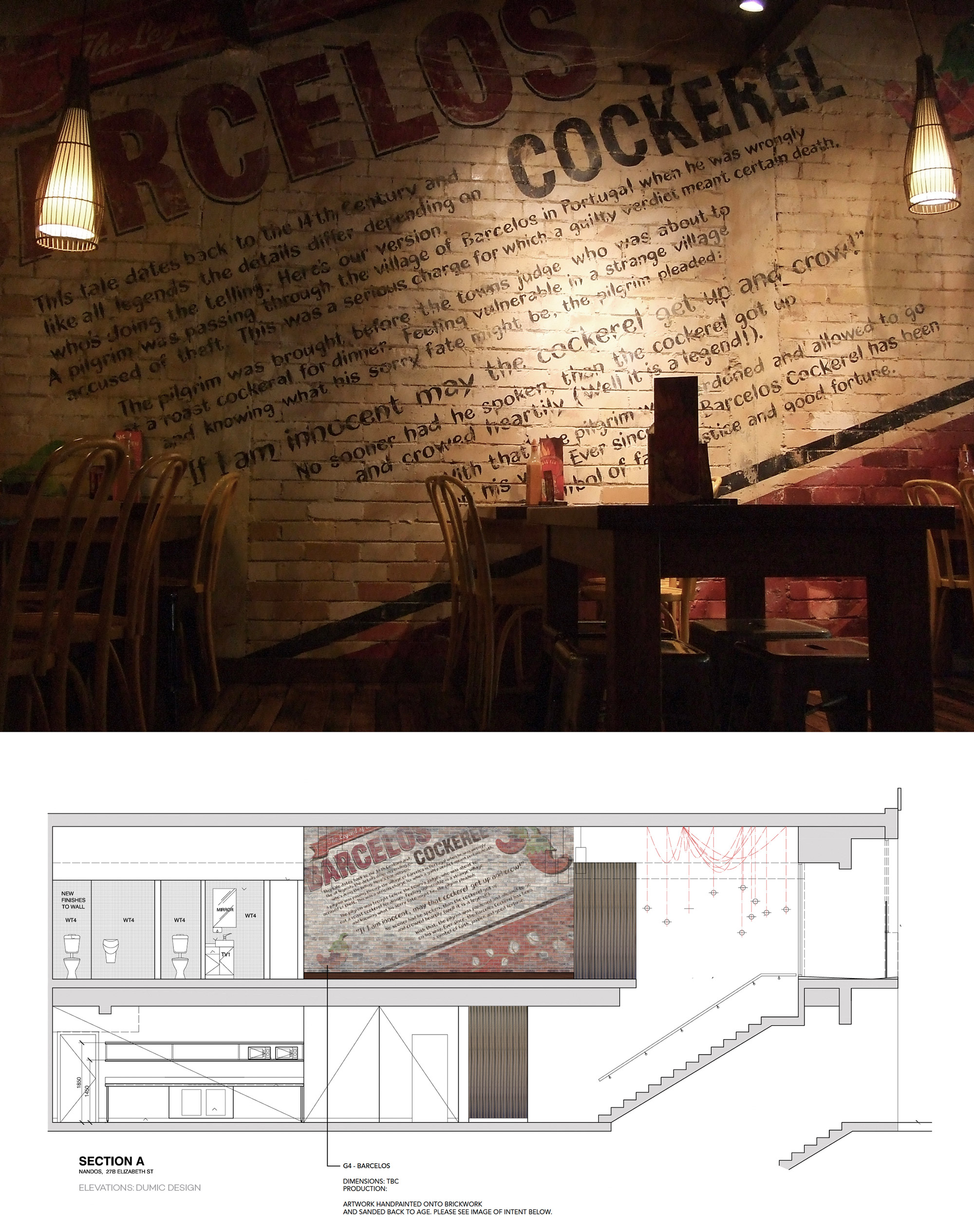Interior hand painted wall graphic design and typography for Nando's Australia store