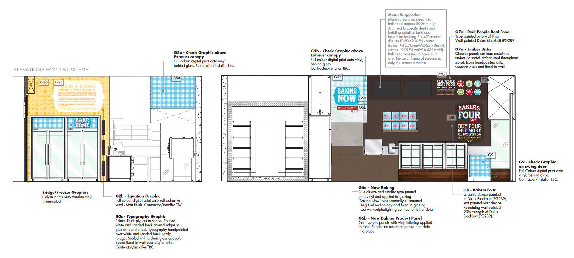 In-store elevation of Puckles store showing signage design, wall graphics, packaging and digital displays